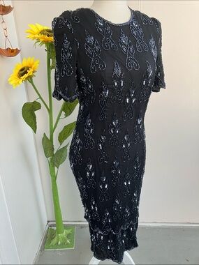 Vintage 80s Black Silver Embellished Beaded Silk & Polyester Short Sleeve Dress